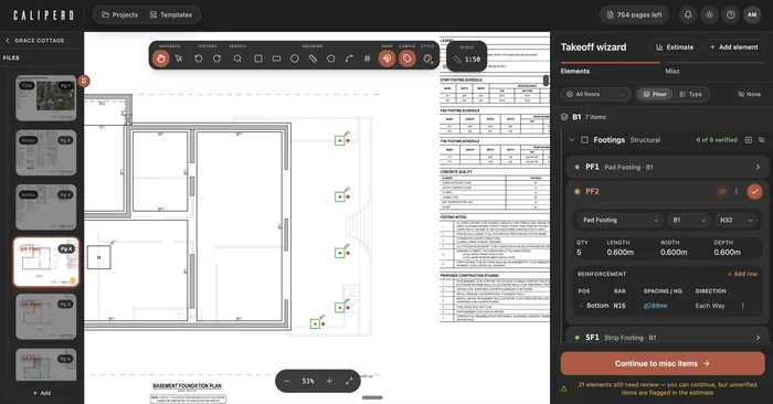 Caliperd takeoff workspace with the footing plan and Takeoff Wizard